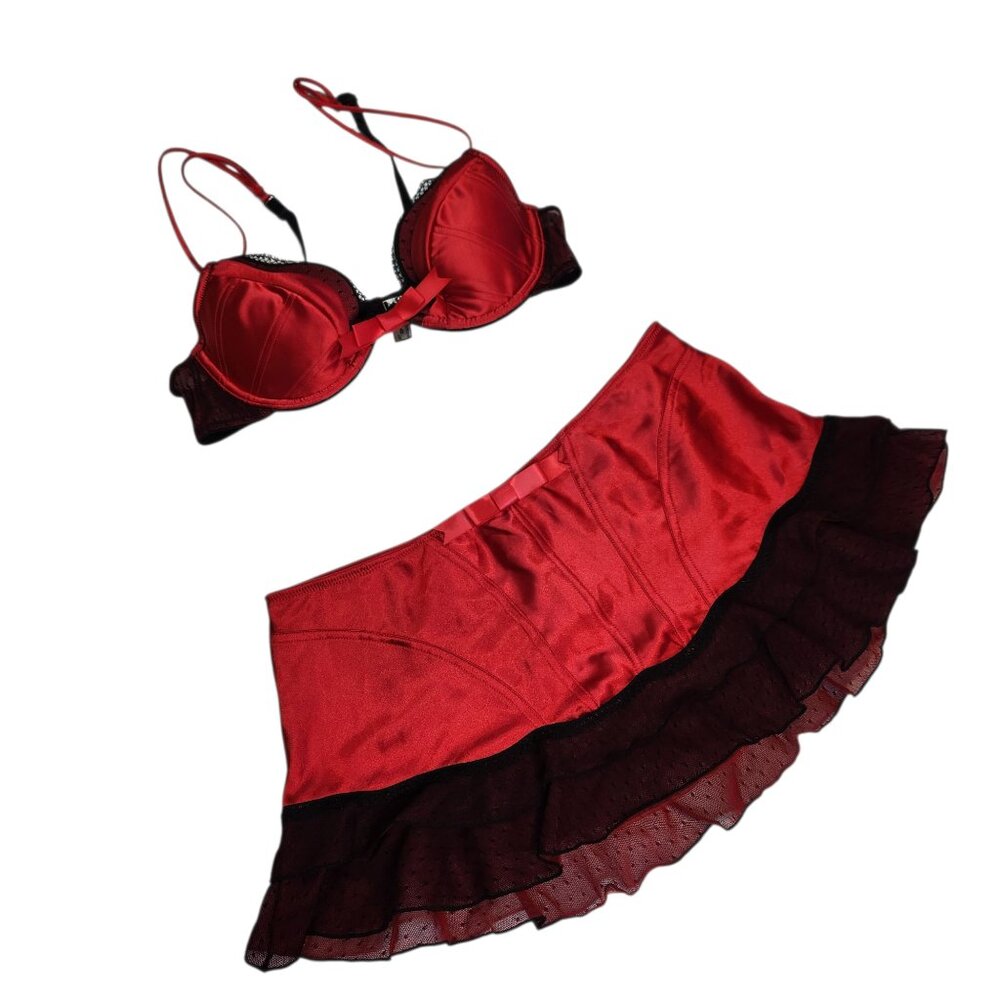 Cassandra Intimates Lingerie Set Red Black Skirt with Bra Lacy 36B Large